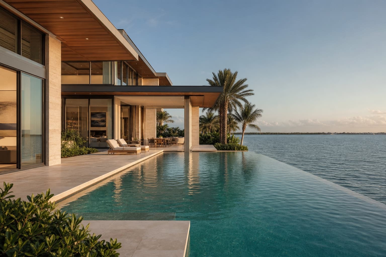 Coral stone waterfront residence overlooking Biscayne Bay