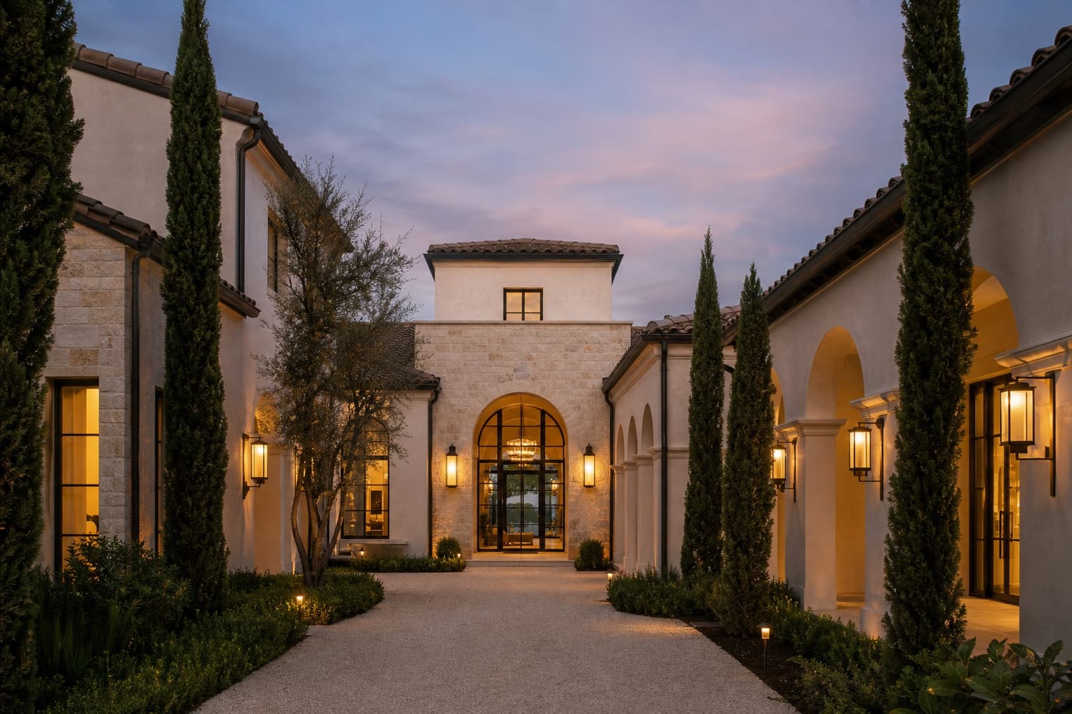 Modern Mediterranean estate with a warmly lit courtyard near Orlando