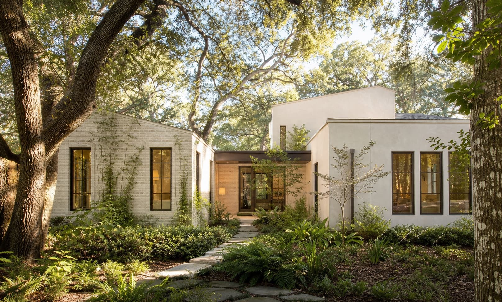 Warm modern custom residence beneath live oak trees in Winter Park