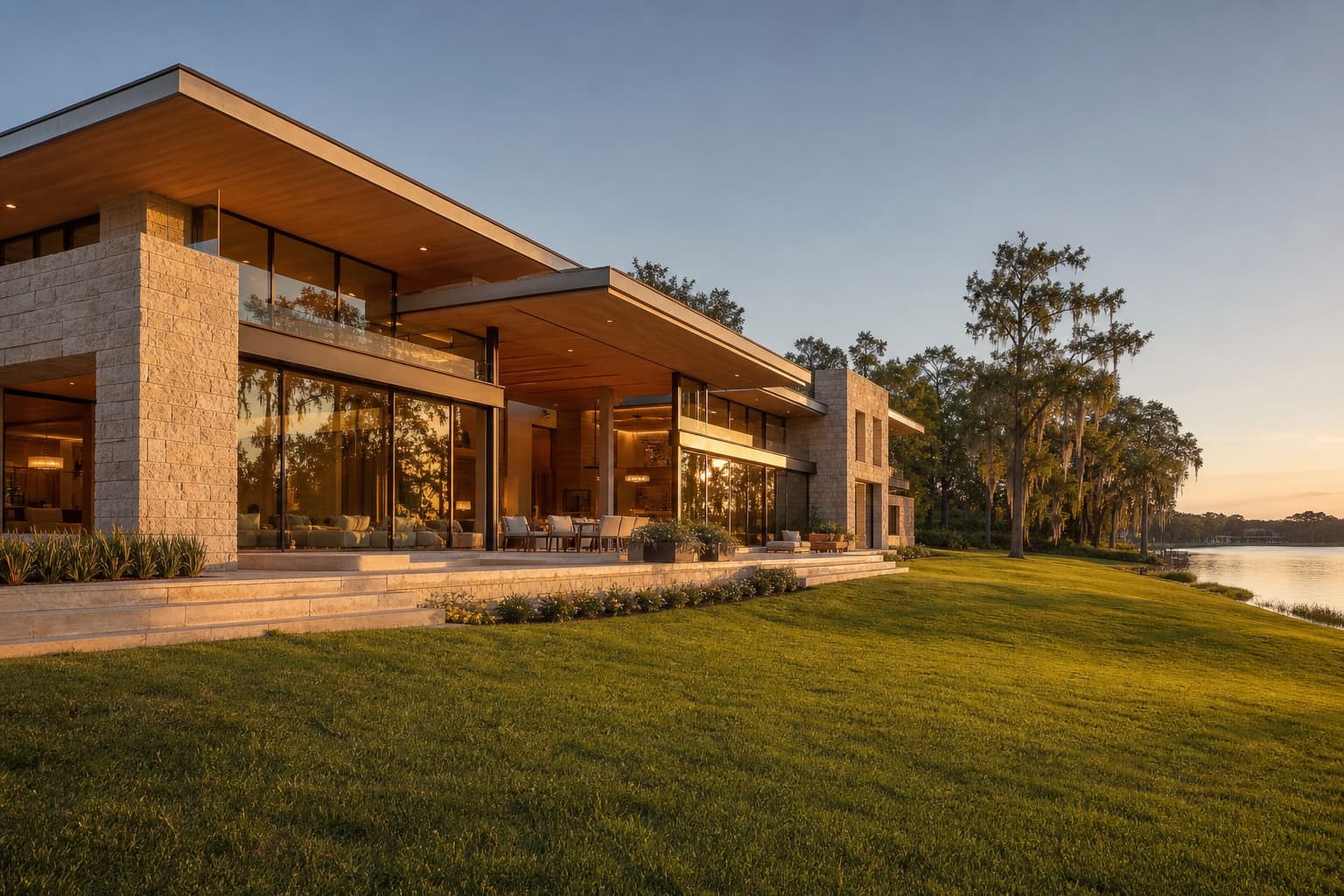 Stone and glass contemporary home beside Lake Butler in Windermere