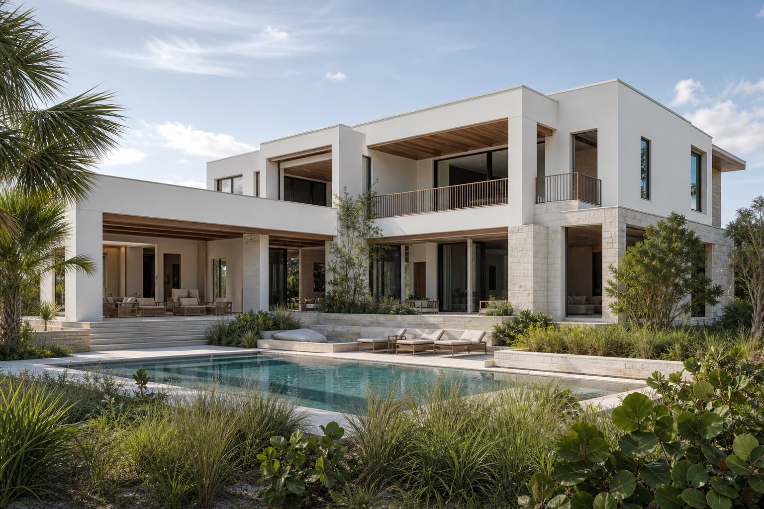 Airy coastal contemporary home with shaded loggias and native Naples landscaping